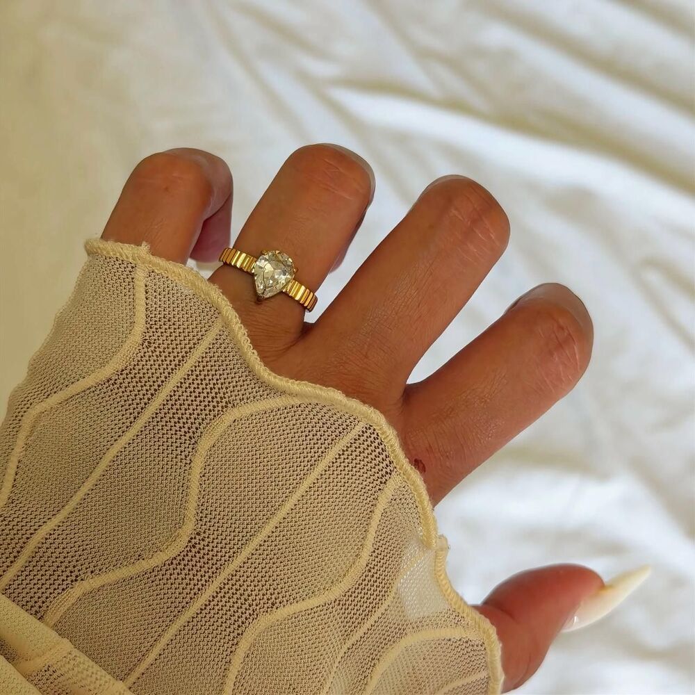 Gold Pear Cut Zircon Textured Band Statement Ring + Jewelry Pouch